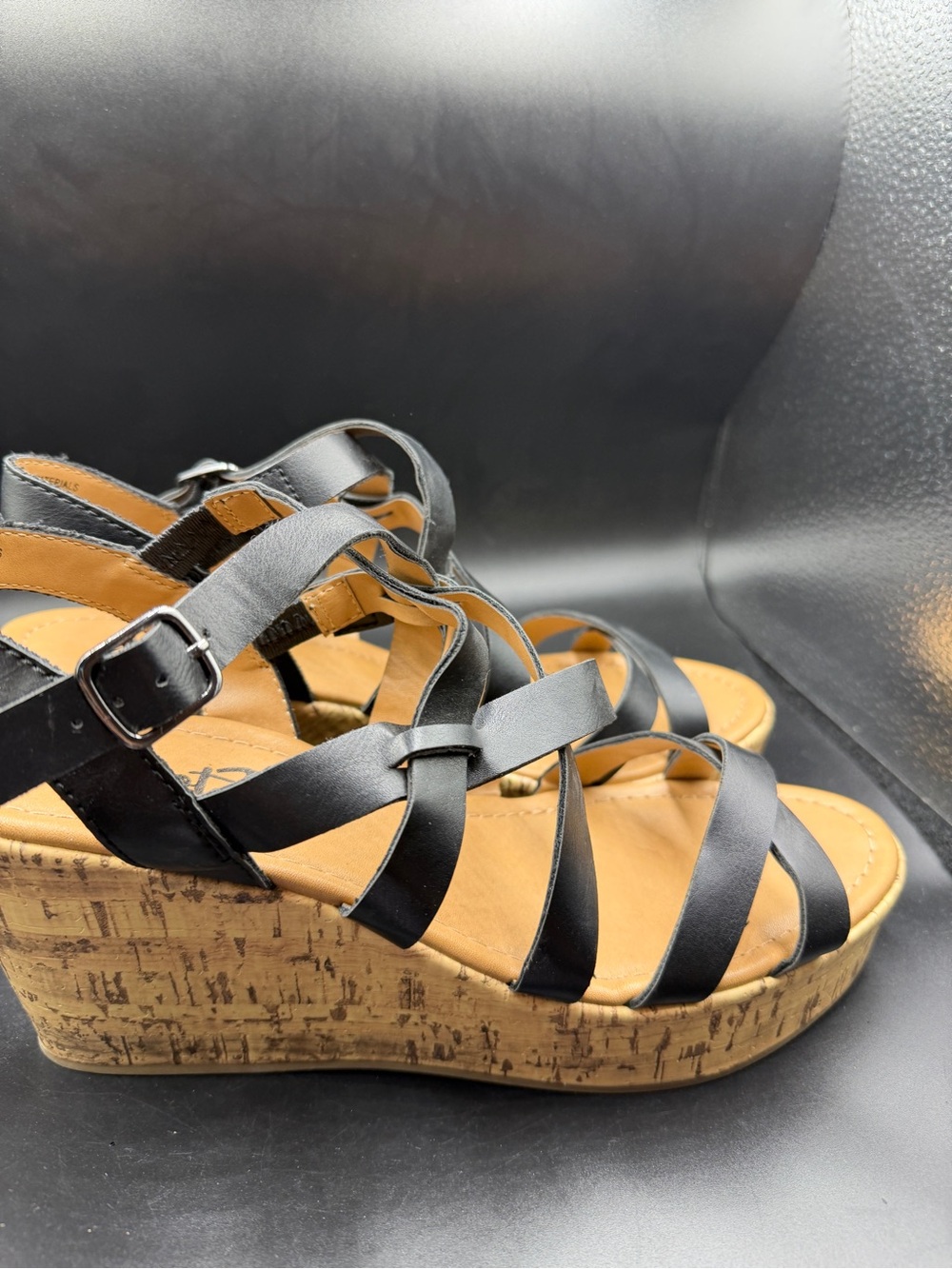 Black Wedge Sandals - Women's Strappy Cork Wedges